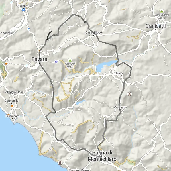 Map miniature of "Discovering the Hills" cycling inspiration in Sicilia, Italy. Generated by Tarmacs.app cycling route planner