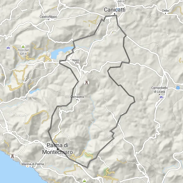 Map miniature of "Palma di Montechiaro - Road Route" cycling inspiration in Sicilia, Italy. Generated by Tarmacs.app cycling route planner