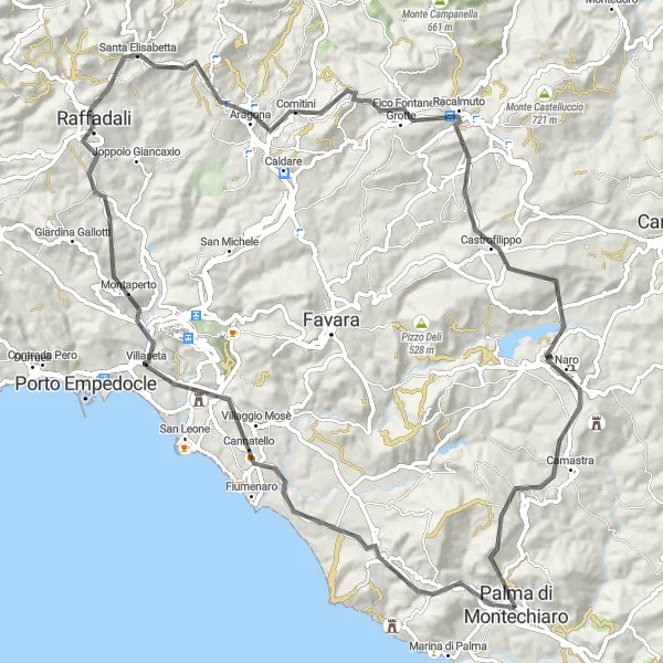 Map miniature of "Palma di Montechiaro - Road Route II" cycling inspiration in Sicilia, Italy. Generated by Tarmacs.app cycling route planner