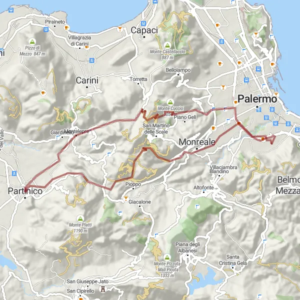 Map miniature of "Exploring the Gravel Paths of Borgetto" cycling inspiration in Sicilia, Italy. Generated by Tarmacs.app cycling route planner