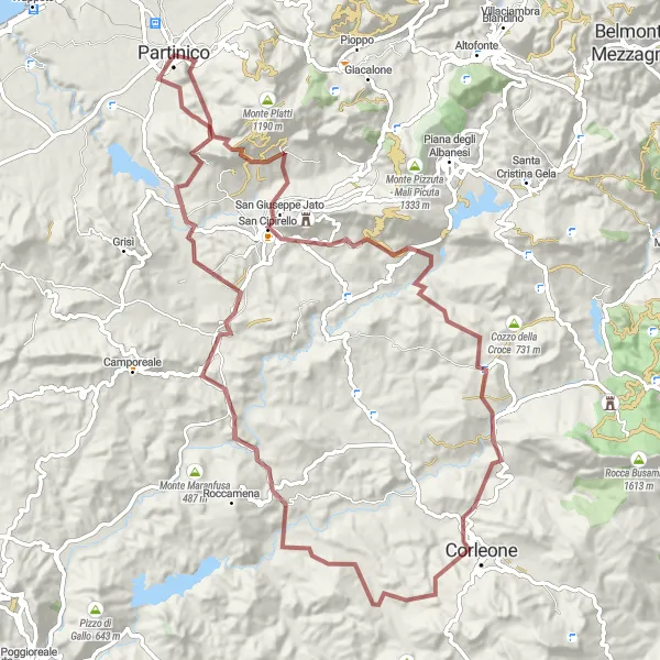 Map miniature of "The Gravel Exploration of San Giuseppe Jato" cycling inspiration in Sicilia, Italy. Generated by Tarmacs.app cycling route planner
