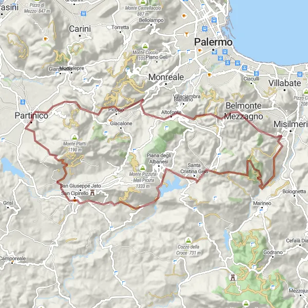 Map miniature of "Adventurous Escapades near Belmonte Mezzagno" cycling inspiration in Sicilia, Italy. Generated by Tarmacs.app cycling route planner