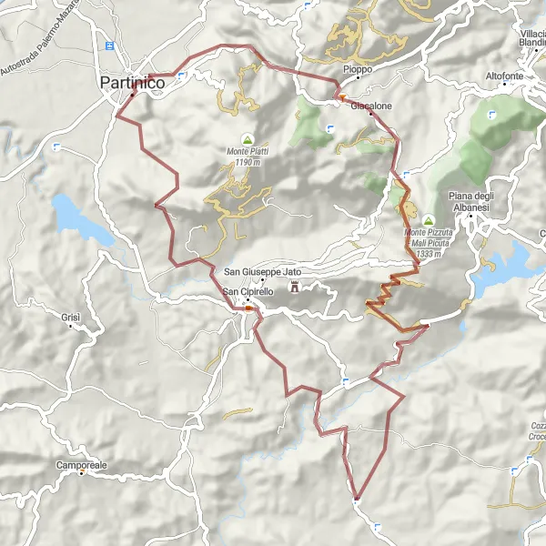 Map miniature of "Gravel Adventure: Borgetto to Monte Belliemi" cycling inspiration in Sicilia, Italy. Generated by Tarmacs.app cycling route planner