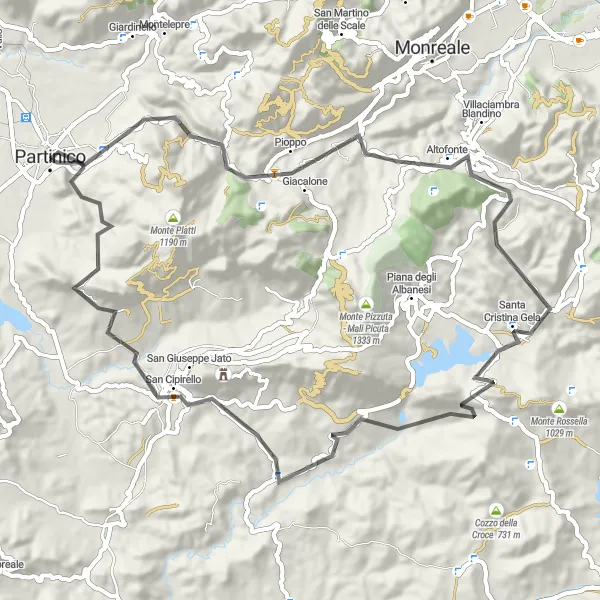 Miniatura della mappa di ispirazione al ciclismo "Tour in bici da Borgetto a Monte della Fiera" nella regione di Sicilia, Italy. Generata da Tarmacs.app, pianificatore di rotte ciclistiche