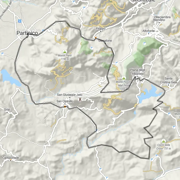 Map miniature of "Partinico to Real Cantina Borbonica via Monte Maganoce" cycling inspiration in Sicilia, Italy. Generated by Tarmacs.app cycling route planner