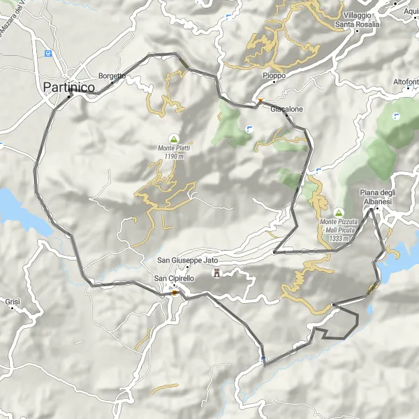 Map miniature of "Partinico to Real Cantina Borbonica Loop via Monte Jato" cycling inspiration in Sicilia, Italy. Generated by Tarmacs.app cycling route planner