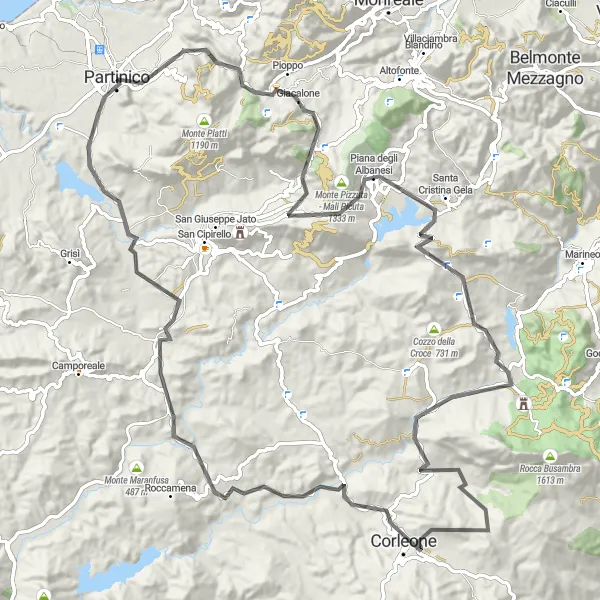 Miniatura della mappa di ispirazione al ciclismo "Giro in bicicletta da Partinico" nella regione di Sicilia, Italy. Generata da Tarmacs.app, pianificatore di rotte ciclistiche