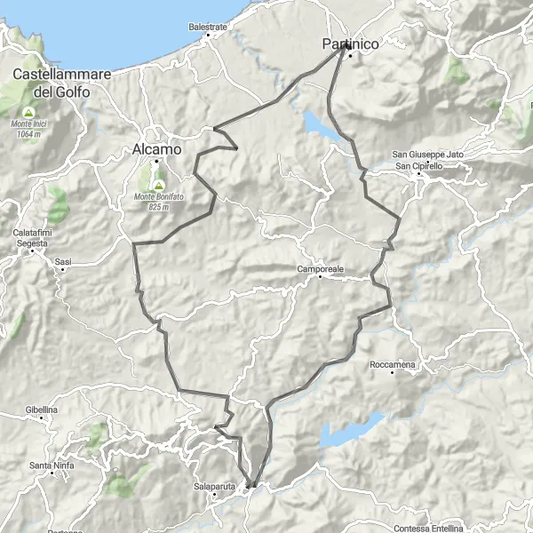 Miniatura della mappa di ispirazione al ciclismo "Giro dei Monti" nella regione di Sicilia, Italy. Generata da Tarmacs.app, pianificatore di rotte ciclistiche