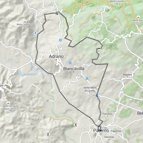 Map miniature of "The Scenic Tour of Paternò" cycling inspiration in Sicilia, Italy. Generated by Tarmacs.app cycling route planner