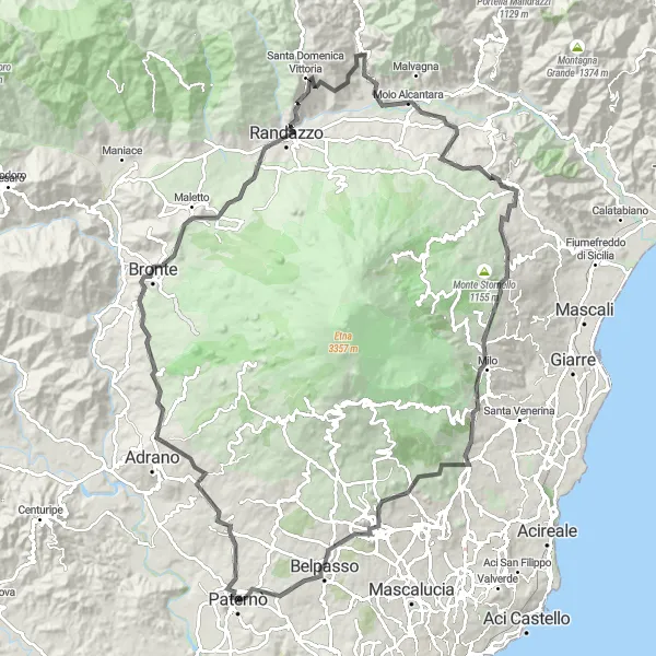 Map miniature of "Paternò to Monte Pedara" cycling inspiration in Sicilia, Italy. Generated by Tarmacs.app cycling route planner