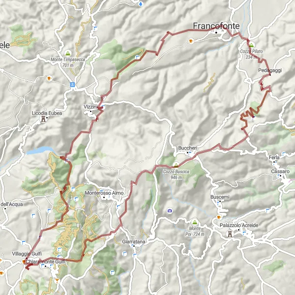 Map miniature of "Sicilia Gravel Cycling Route: Pedagaggi, Monte Lauro, and Cozzo Pilato" cycling inspiration in Sicilia, Italy. Generated by Tarmacs.app cycling route planner