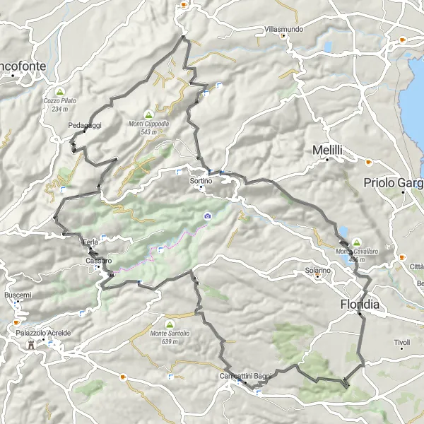 Map miniature of "Sicilia Road Cycling Route: Pedagaggi, Monte Pancali, and Ferla" cycling inspiration in Sicilia, Italy. Generated by Tarmacs.app cycling route planner