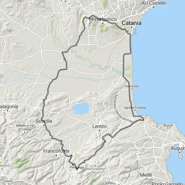 Map miniature of "Sicilia Road Cycling Route: Pedagaggi, Monte Pancali, and Cozzo Pilato" cycling inspiration in Sicilia, Italy. Generated by Tarmacs.app cycling route planner
