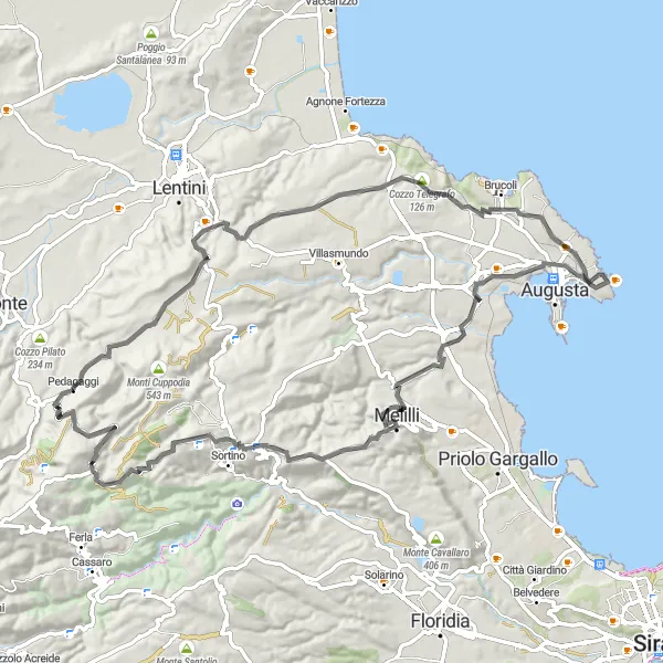 Map miniature of "Coastal Sicilian Road Cycling Adventure" cycling inspiration in Sicilia, Italy. Generated by Tarmacs.app cycling route planner