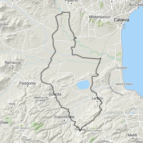 Miniatura della mappa di ispirazione al ciclismo "Pedagaggi - Giro del Cozzo Pilato" nella regione di Sicilia, Italy. Generata da Tarmacs.app, pianificatore di rotte ciclistiche