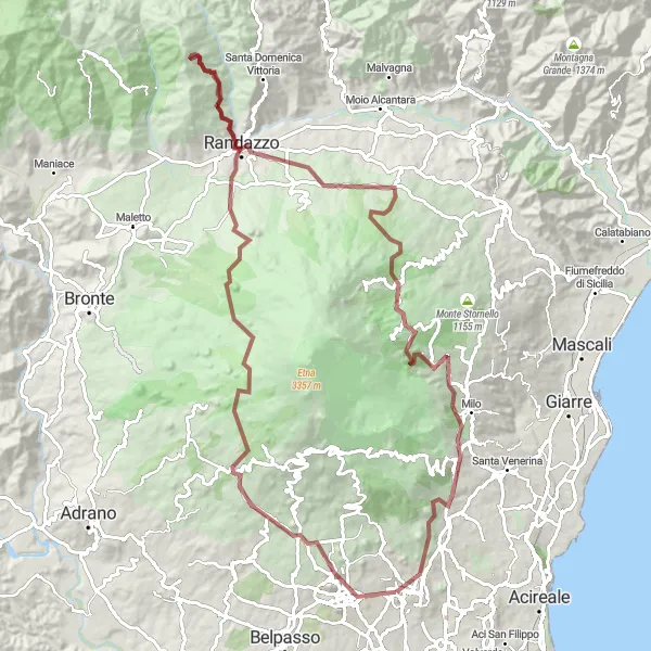 Miniatura della mappa di ispirazione al ciclismo "Esplorazione in Gravel tra Pedara e Randazzo" nella regione di Sicilia, Italy. Generata da Tarmacs.app, pianificatore di rotte ciclistiche