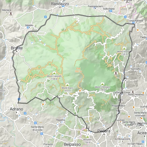 Map miniature of "Mountains and Volcanoes" cycling inspiration in Sicilia, Italy. Generated by Tarmacs.app cycling route planner