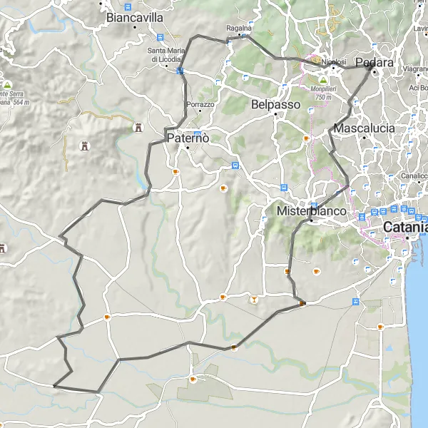 Miniatura della mappa di ispirazione al ciclismo "Misterbianco - Pedara" nella regione di Sicilia, Italy. Generata da Tarmacs.app, pianificatore di rotte ciclistiche