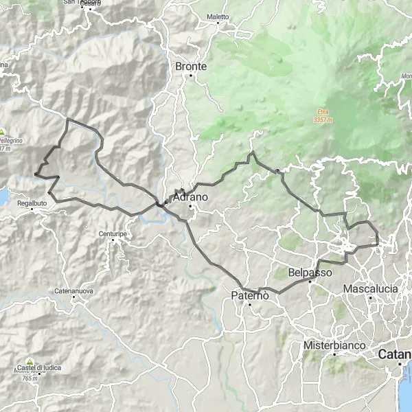 Miniatura della mappa di ispirazione al ciclismo "Nicolosi - Monpeloso" nella regione di Sicilia, Italy. Generata da Tarmacs.app, pianificatore di rotte ciclistiche