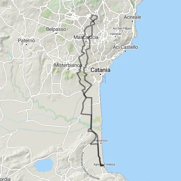 Map miniature of "Coastal Delights" cycling inspiration in Sicilia, Italy. Generated by Tarmacs.app cycling route planner