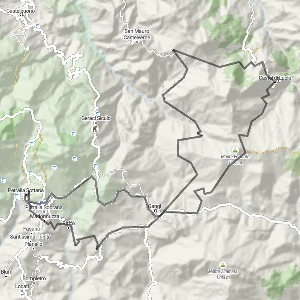Miniatura della mappa di ispirazione al ciclismo "Tour panoramico a Petralia Sottana" nella regione di Sicilia, Italy. Generata da Tarmacs.app, pianificatore di rotte ciclistiche