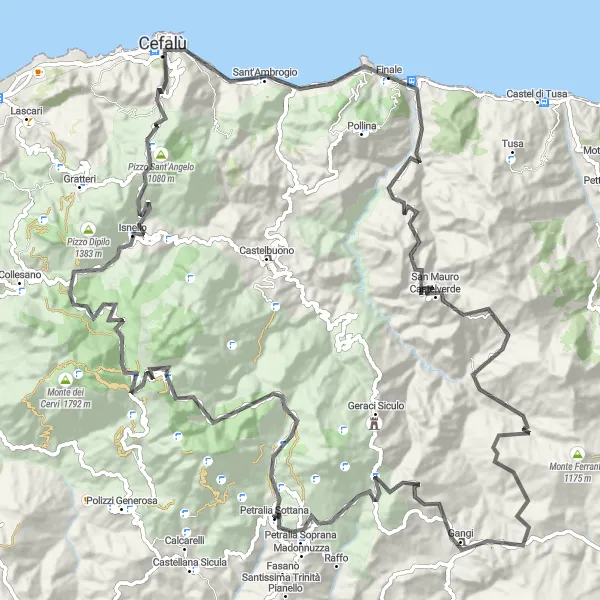 Miniatura della mappa di ispirazione al ciclismo "Avventura ciclistica attraverso Cefalù e San Mauro Castelverde" nella regione di Sicilia, Italy. Generata da Tarmacs.app, pianificatore di rotte ciclistiche