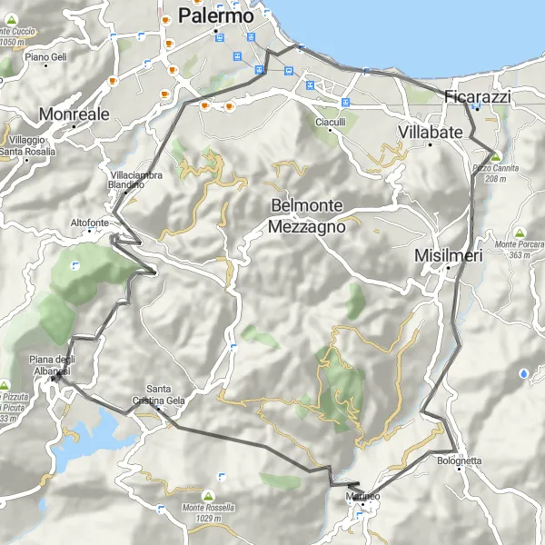 Map miniature of "Rugged Road Ride with Stunning Views" cycling inspiration in Sicilia, Italy. Generated by Tarmacs.app cycling route planner