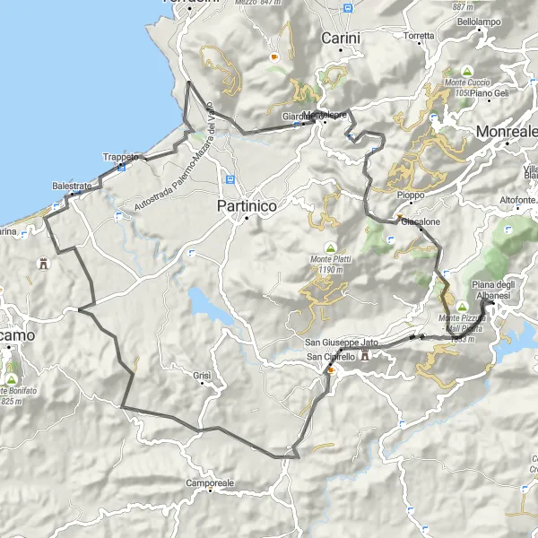 Map miniature of "Ultimate Challenge: The Epic Piana degli Albanesi Ride" cycling inspiration in Sicilia, Italy. Generated by Tarmacs.app cycling route planner