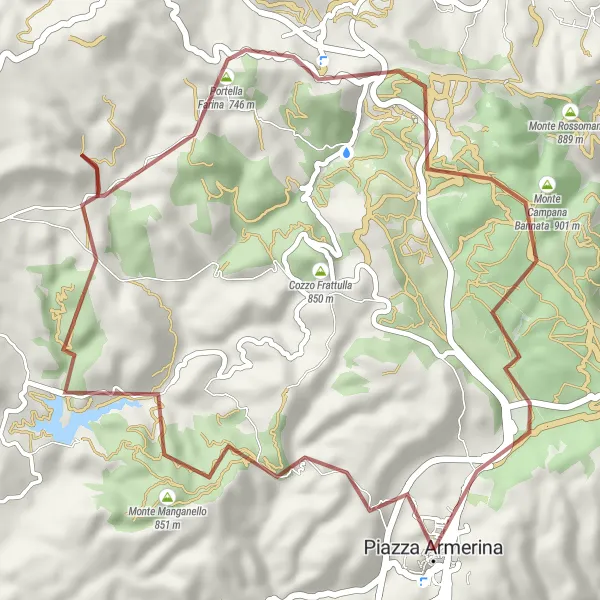 Miniatura della mappa di ispirazione al ciclismo "Il giro delle montagne di Piazza Armerina" nella regione di Sicilia, Italy. Generata da Tarmacs.app, pianificatore di rotte ciclistiche