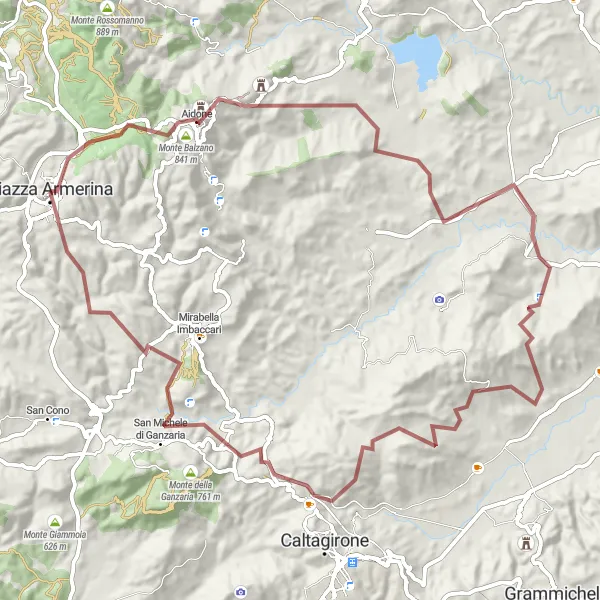 Map miniature of "Belvedere and Monte Balchino Gravel Route" cycling inspiration in Sicilia, Italy. Generated by Tarmacs.app cycling route planner