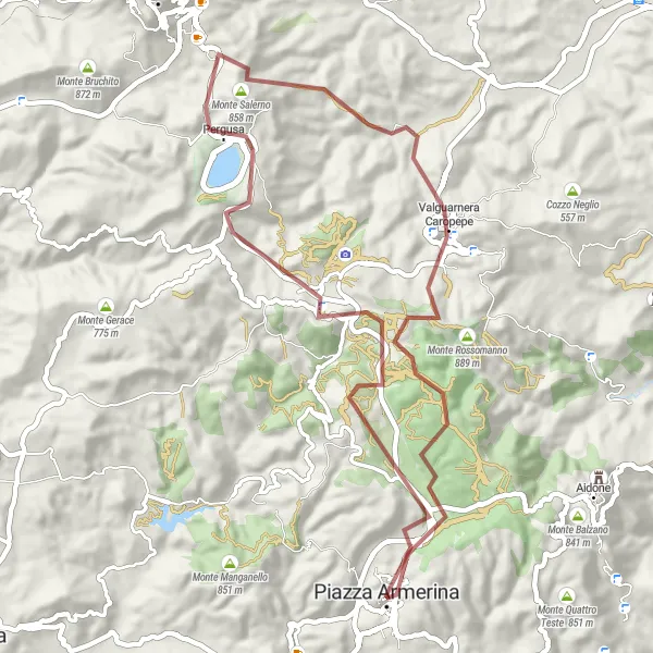 Map miniature of "Chiesa di San Giovanni Evangelista and Pergusa Gravel Route" cycling inspiration in Sicilia, Italy. Generated by Tarmacs.app cycling route planner