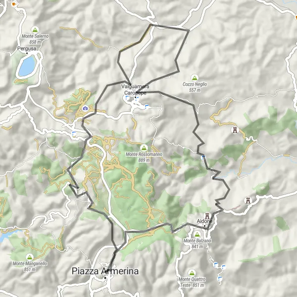 Miniatura della mappa di ispirazione al ciclismo "Il grande giro delle montagne di Piazza Armerina" nella regione di Sicilia, Italy. Generata da Tarmacs.app, pianificatore di rotte ciclistiche