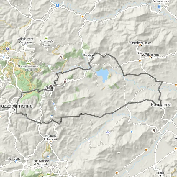 Miniatura della mappa di ispirazione al ciclismo "Il grande tour delle colline siciliane" nella regione di Sicilia, Italy. Generata da Tarmacs.app, pianificatore di rotte ciclistiche