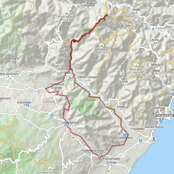 Miniatura della mappa di ispirazione al ciclismo "Avventura in Gravel tra le Gole dell'Alcantara" nella regione di Sicilia, Italy. Generata da Tarmacs.app, pianificatore di rotte ciclistiche