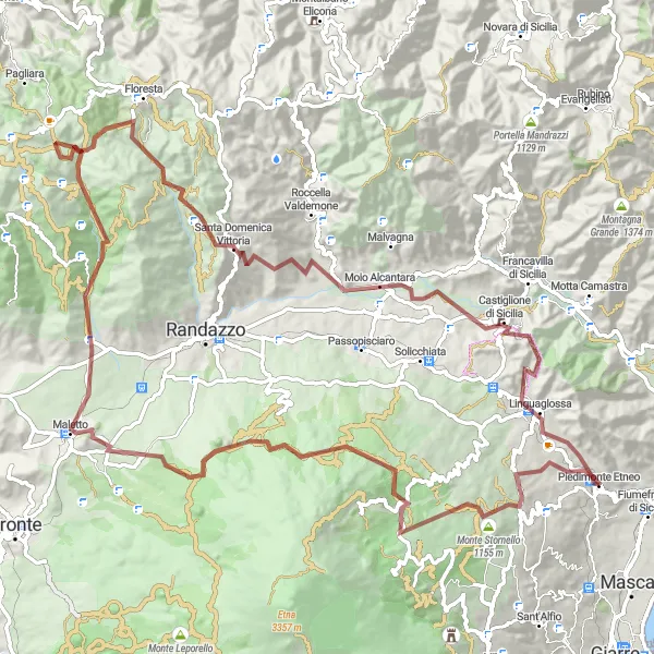 Map miniature of "Exploring Sicilia's Gravel Paradise: Piedimonte Etneo Circular Route" cycling inspiration in Sicilia, Italy. Generated by Tarmacs.app cycling route planner