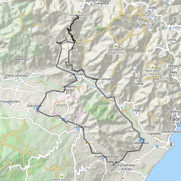 Map miniature of "The Panoramic Sicilian Challenge" cycling inspiration in Sicilia, Italy. Generated by Tarmacs.app cycling route planner