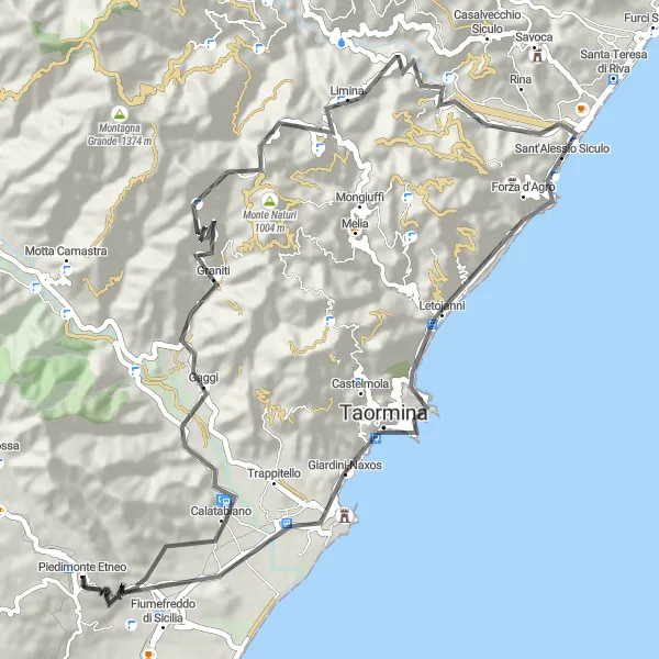 Miniatura della mappa di ispirazione al ciclismo "Tra Taormina e Monti Siciliani" nella regione di Sicilia, Italy. Generata da Tarmacs.app, pianificatore di rotte ciclistiche