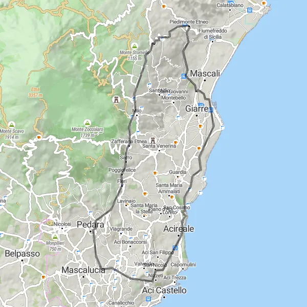 Miniatura della mappa di ispirazione al ciclismo "Percorso in bicicletta attraverso i tesori della Sicilia orientale" nella regione di Sicilia, Italy. Generata da Tarmacs.app, pianificatore di rotte ciclistiche