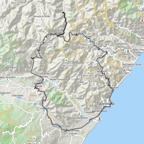 Miniatura della mappa di ispirazione al ciclismo "Giro in bicicletta intorno a Piedimonte Etneo: Strada verso Monte Pizzo" nella regione di Sicilia, Italy. Generata da Tarmacs.app, pianificatore di rotte ciclistiche