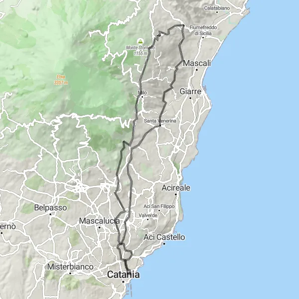 Miniatura della mappa di ispirazione al ciclismo "Percorso panoramico attraverso le colline di Piedimonte Etneo" nella regione di Sicilia, Italy. Generata da Tarmacs.app, pianificatore di rotte ciclistiche