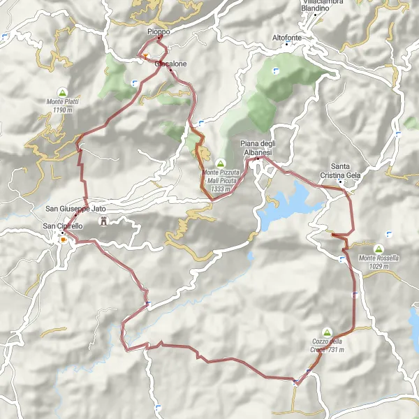 Map miniature of "Pioppo to Pizzo Aiello Gravel Adventure" cycling inspiration in Sicilia, Italy. Generated by Tarmacs.app cycling route planner