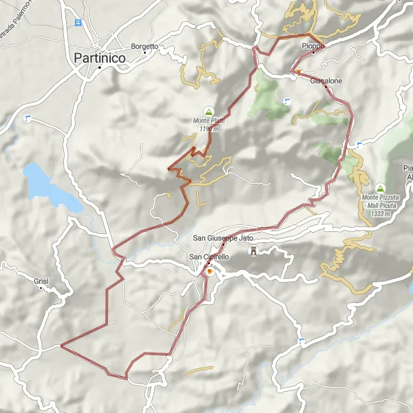 Map miniature of "Pioppo to Monte Signora Loop" cycling inspiration in Sicilia, Italy. Generated by Tarmacs.app cycling route planner