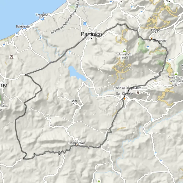 Map miniature of "Giro del Cozzo Pezzingoli" cycling inspiration in Sicilia, Italy. Generated by Tarmacs.app cycling route planner