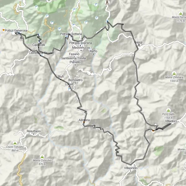 Miniatura della mappa di ispirazione al ciclismo "Circuito delle Montagne di Sicilia" nella regione di Sicilia, Italy. Generata da Tarmacs.app, pianificatore di rotte ciclistiche