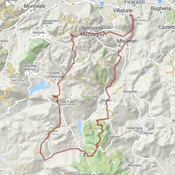 Miniatura della mappa di ispirazione al ciclismo "Gravel Ride to Santa Cristina Gela" nella regione di Sicilia, Italy. Generata da Tarmacs.app, pianificatore di rotte ciclistiche
