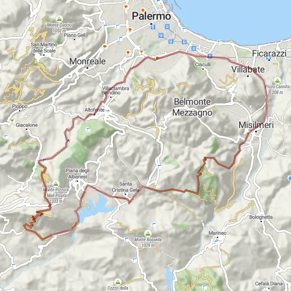 Miniatura della mappa di ispirazione al ciclismo "Exciting Gravel Tour to Altofonte" nella regione di Sicilia, Italy. Generata da Tarmacs.app, pianificatore di rotte ciclistiche