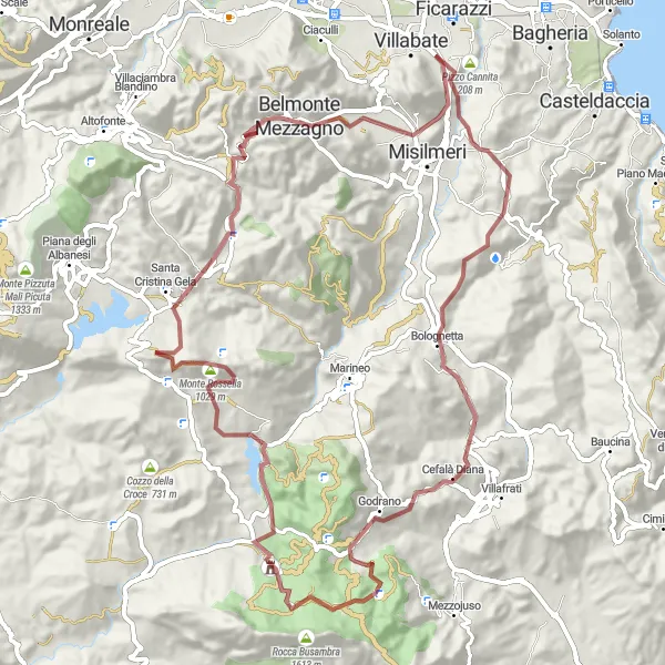 Miniatura della mappa di ispirazione al ciclismo "Gravel Route to Cima Cucco" nella regione di Sicilia, Italy. Generata da Tarmacs.app, pianificatore di rotte ciclistiche