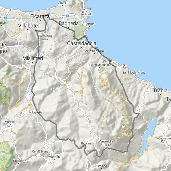 Miniatura della mappa di ispirazione al ciclismo "Cycling Adventure to Monte Torre" nella regione di Sicilia, Italy. Generata da Tarmacs.app, pianificatore di rotte ciclistiche