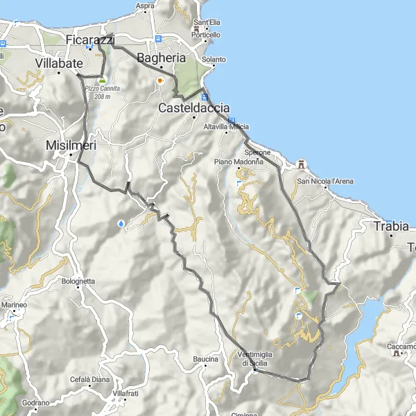 Map miniature of "Scenic Coastal Route" cycling inspiration in Sicilia, Italy. Generated by Tarmacs.app cycling route planner