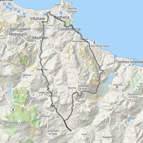 Map miniature of "The Eastern Loop" cycling inspiration in Sicilia, Italy. Generated by Tarmacs.app cycling route planner